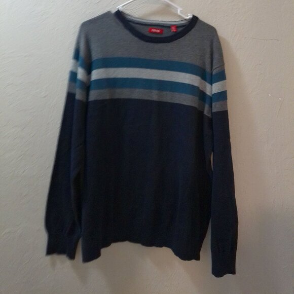 IZOD Men’s XL Crewneck Sweater Gray & Navy Striped Pullover - Picture 1 of 2